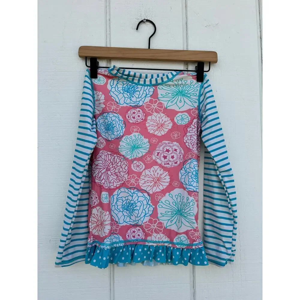Ruffle Butts Swim Top, Long Sleeve, Stripes And Floral,‎ Ruffles, Size 8